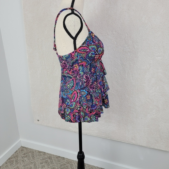 Swim Solutions Navy Multi Color Floral Tummy Control Tiered Swimsuit Sz10 D NEW - Picture 4 of 16